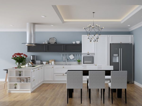 Tủ bếp gỗ công nghiệp đẹp sơn màu trắng hình chữ L LSS02