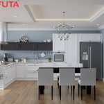 Tủ bếp gỗ công nghiệp đẹp sơn màu trắng hình chữ L LSS02