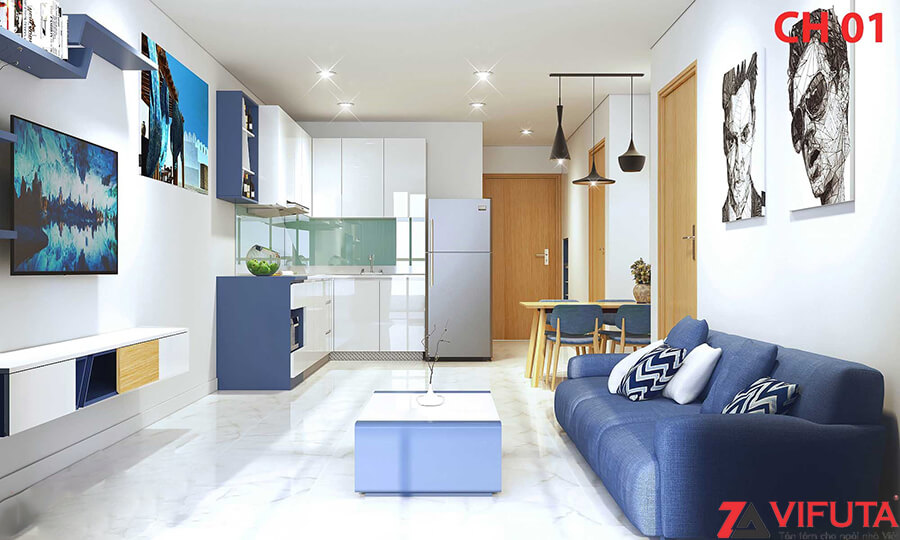 Mẫu thiết kế nội thất căn hộ Studio với gam màu trắng- xanh