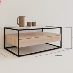 bàn trà gỗ mặt kính chân sắt
