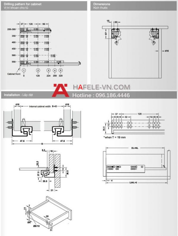 Ray âm giảm chấn mở toàn phần, 500MM Hafele 111.433.03.106