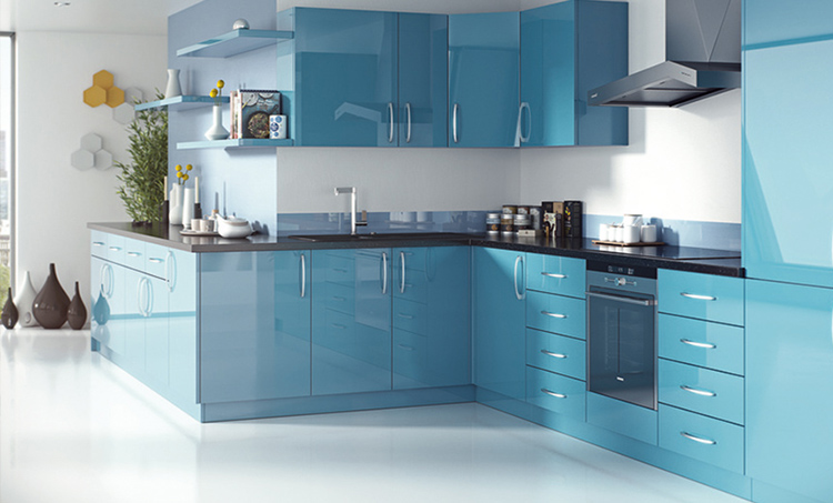 tủ bếp Acrylic màu xanh
