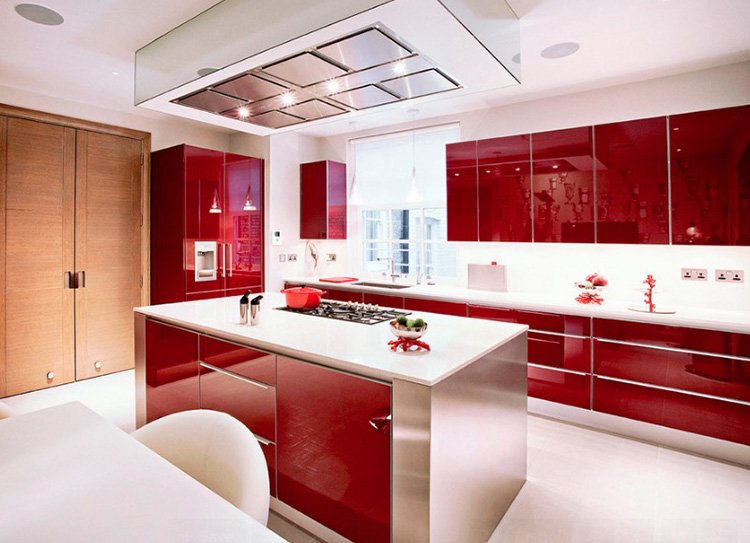 tủ bếp Acrylic bóng gương màu đỏ hình chữ l