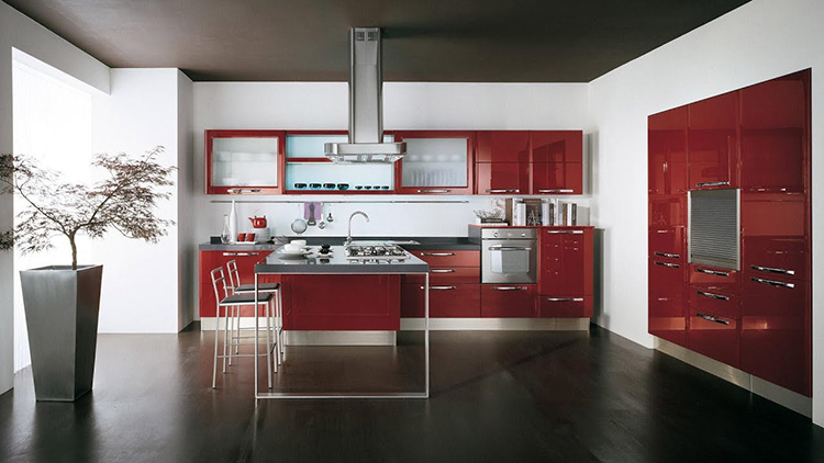 tủ bếp Acrylic màu đỏ hình chữ L đẹp hiện đại