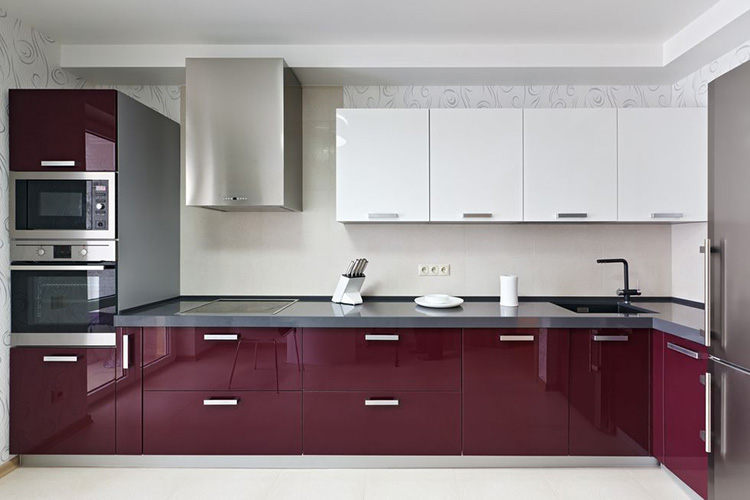 tủ bếp Acrylic màu tím hình chữ l đẹp hiện đại