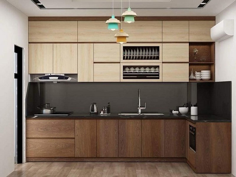 Tủ bếp Melamine phù hợp cho các loại tường hoặc sàn gỗ