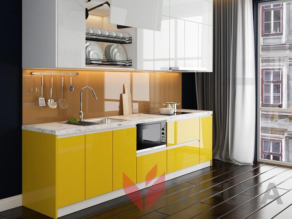 Tủ bếp phong thủy hình chữ i sơn bóng – màu vàng