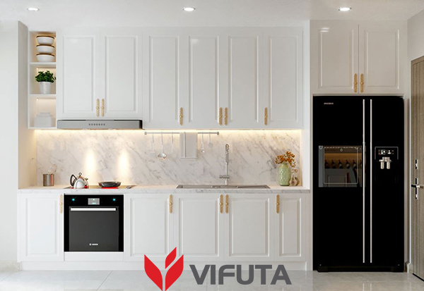 Mẫu tủ bếp modul chữ I dài 4m màu trắng cho nhà chung cư thêm sang trọng