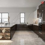 Tủ bếp chữ U veneer kết hợp sơn acrylic cho không gian rộng