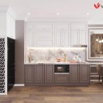 Tủ bếp neo classic màu trắng kết hợp màu ghi cho căn hộ chung cư