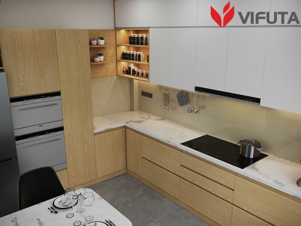 Mẫu tủ bếp Melamine kết hợp Metallic